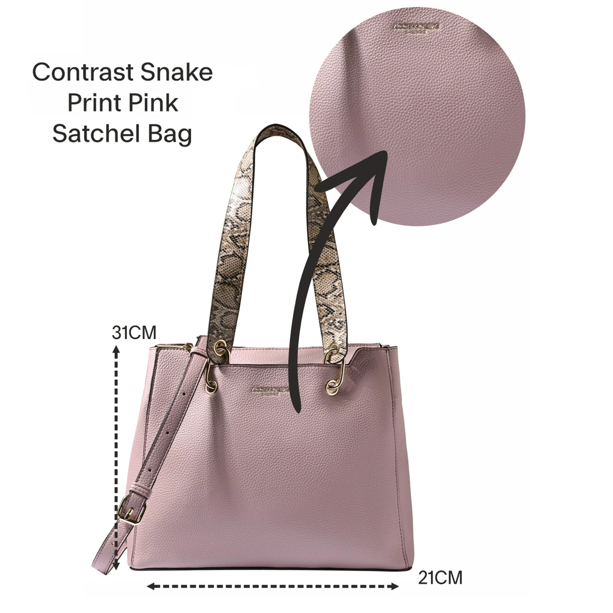 Accessorize London Women's Lavender Contrast Snake Print Satchel