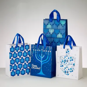 Chanukah Gift Bags, With Hot Stamping, Set Of 4, 8", Carded