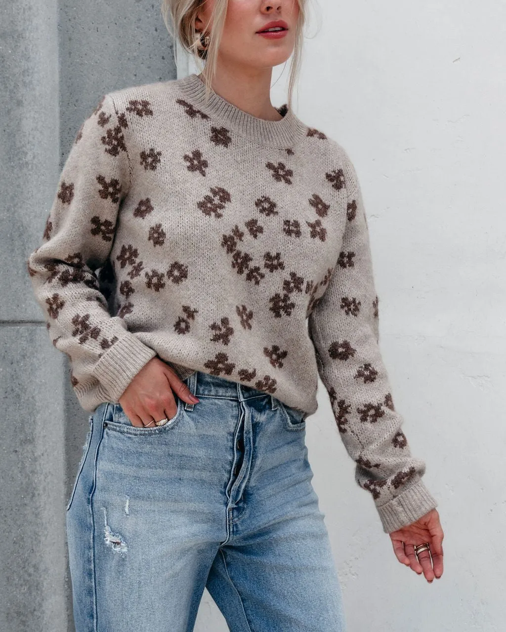 Chunky Daisy Print Sweater - Mocha