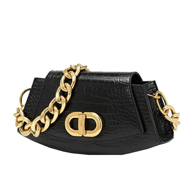 Classic Gold Tone Chunky Chain Croco Embossed Shoulder Bag - Black