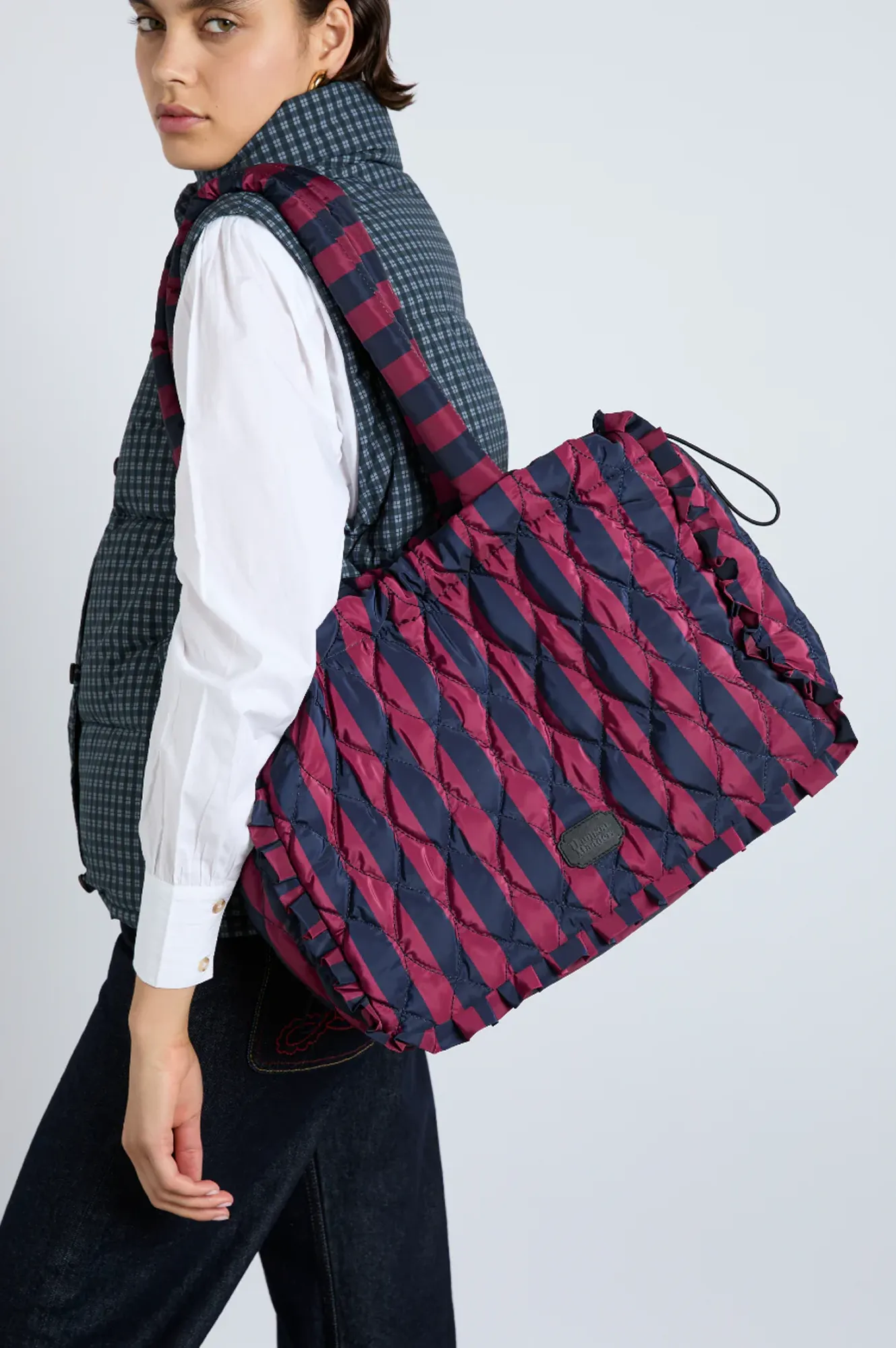 Damson Madder Frill Edge Ruched Navy / Burgundy Striped Tote Bag