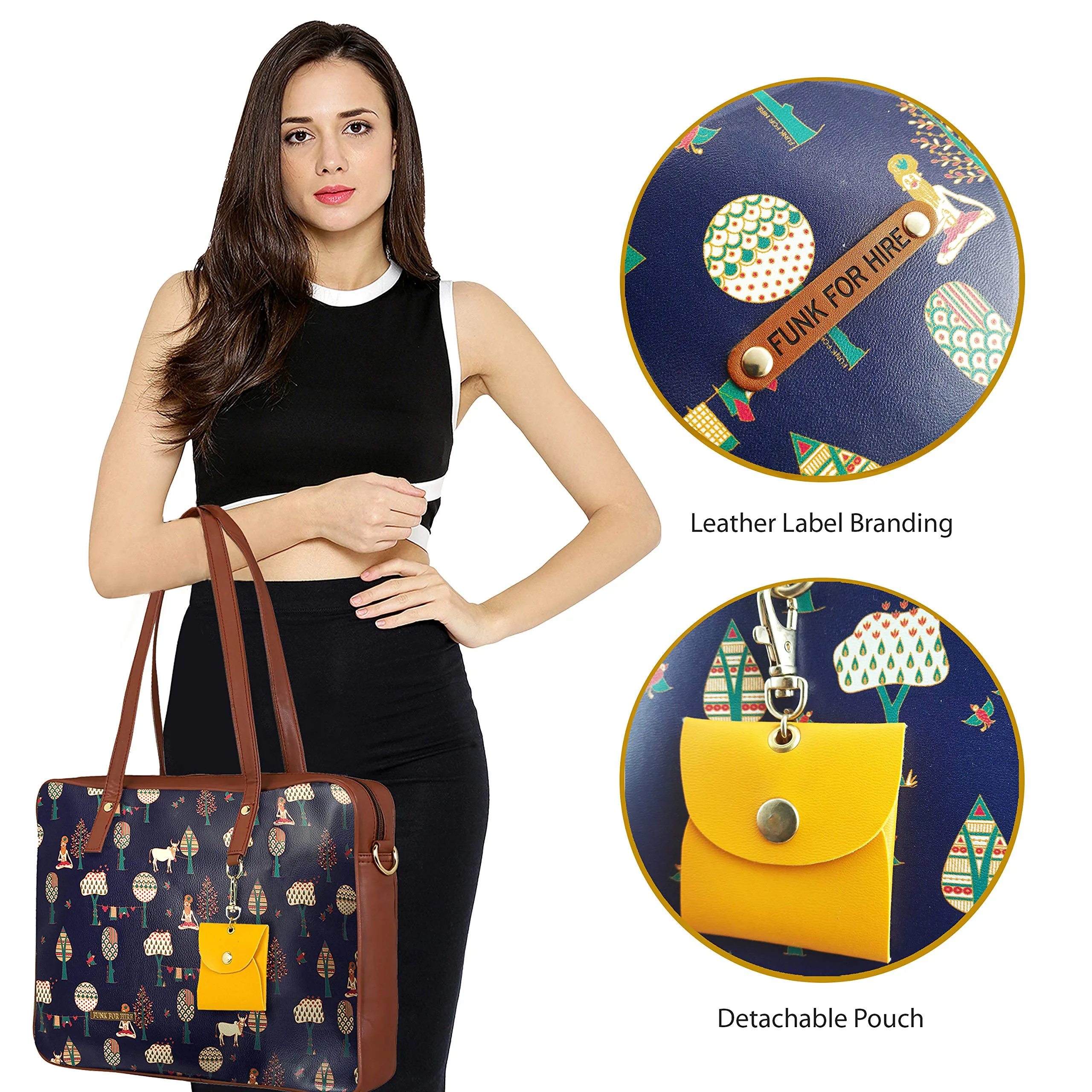 Funk For Hire Women Printed Faux Leather 15.6" Laptop Handbag/Sling Bag Navy Blue And Brown