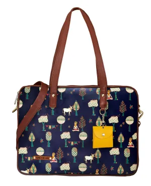 Funk For Hire Women Printed Faux Leather 15.6" Laptop Handbag/Sling Bag Navy Blue And Brown