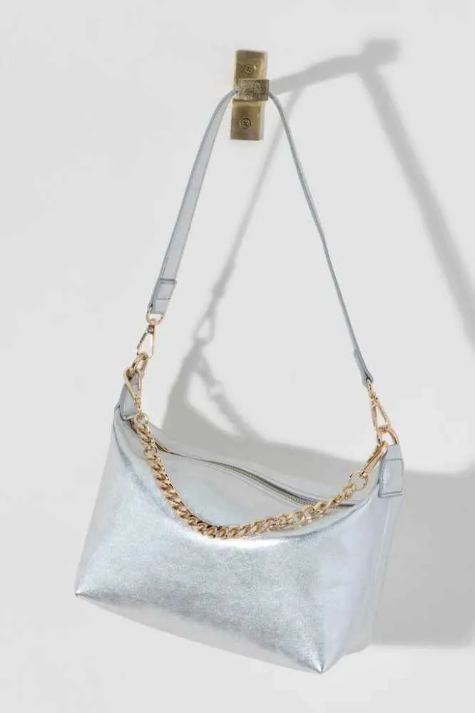 Jessie Shoulder Bag with Chain Handle, Silver