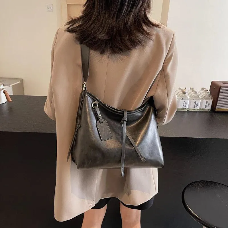 Large Shoulder Bags Leather Women's Tie Zip Adjustable Strap Solid Soft Handbags