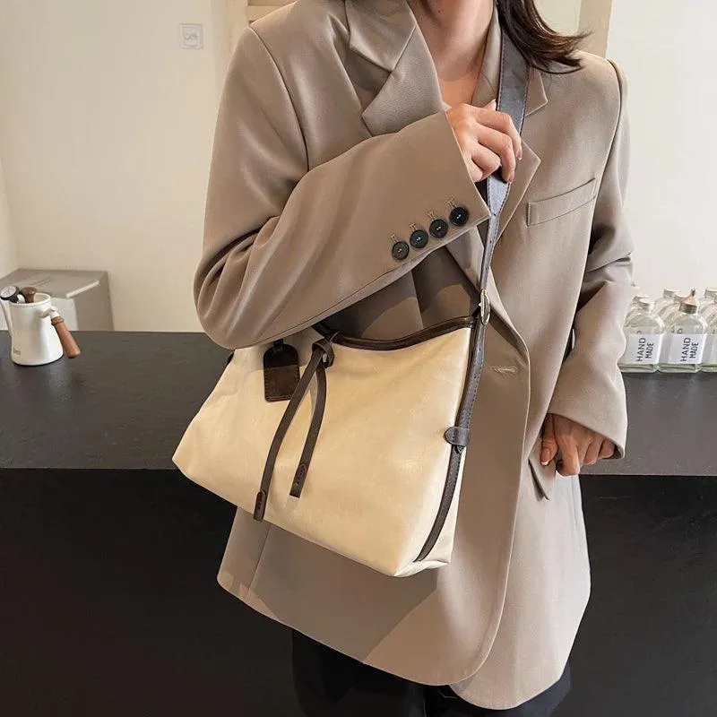 Large Shoulder Bags Leather Women's Tie Zip Adjustable Strap Solid Soft Handbags