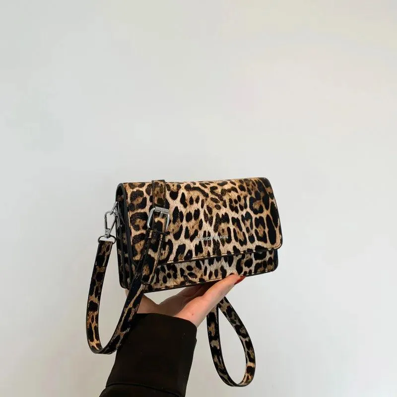 Leopard Leather Crossbody Bags Women Mini Flap Zip Messenger Shoulder Bags