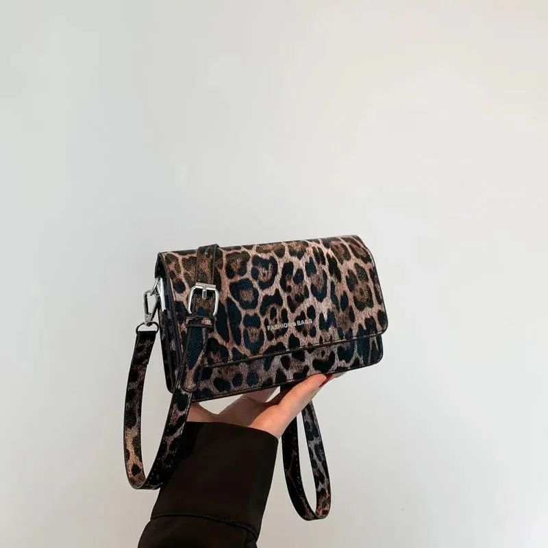 Leopard Leather Crossbody Bags Women Mini Flap Zip Messenger Shoulder Bags