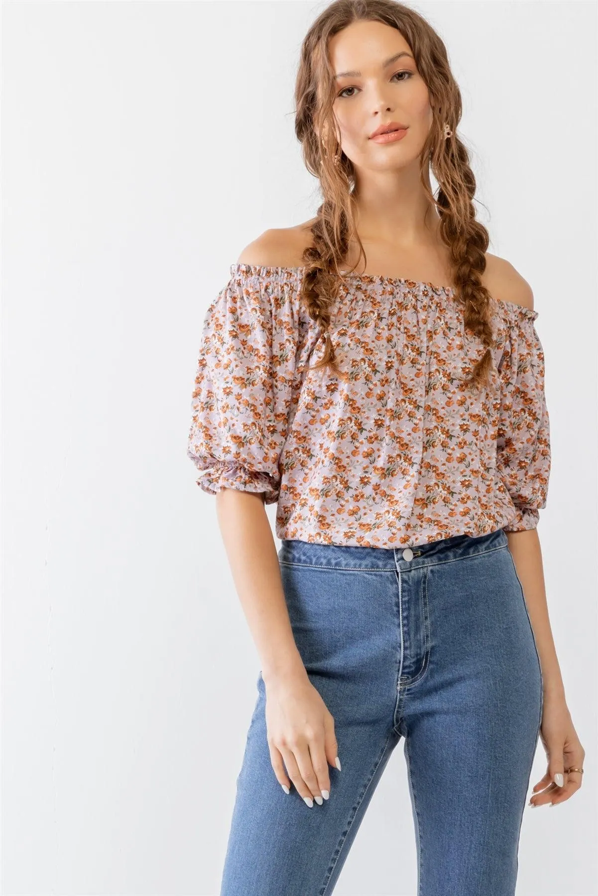 Lilac & Rust Floral Print Off-The-Shoulder Short Sleeve Ruffle Top /2-2-2