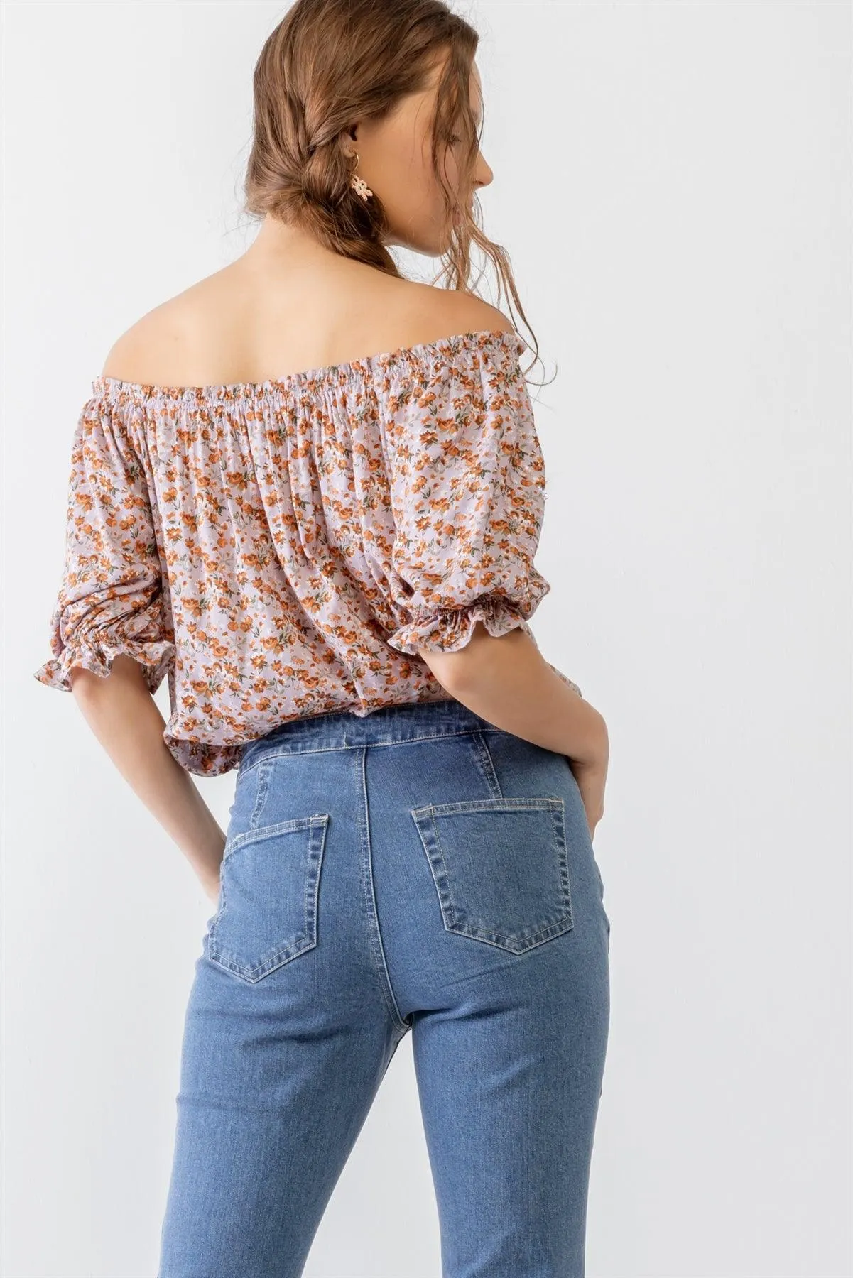 Lilac & Rust Floral Print Off-The-Shoulder Short Sleeve Ruffle Top /2-2-2