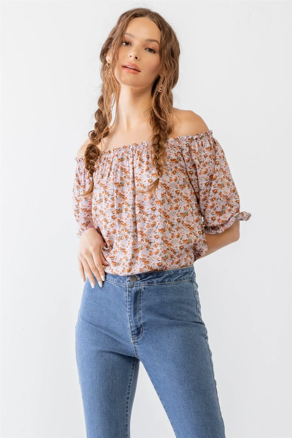 Lilac & Rust Floral Print Off-The-Shoulder Short Sleeve Ruffle Top /2-2-2