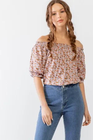 Lilac & Rust Floral Print Off-The-Shoulder Short Sleeve Ruffle Top /2-2-2