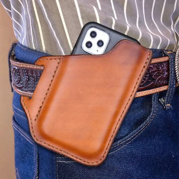 Men's Genuine Leather Convenient Solid Color 6.3inch Phone Case Wallet Belt Bag Waist Bag