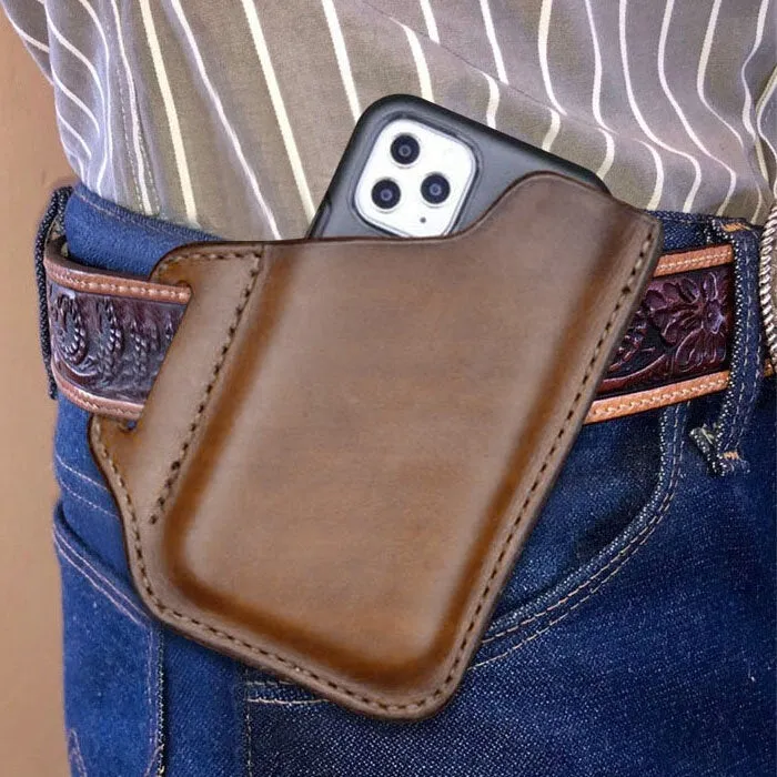 Men's Genuine Leather Convenient Solid Color 6.3inch Phone Case Wallet Belt Bag Waist Bag