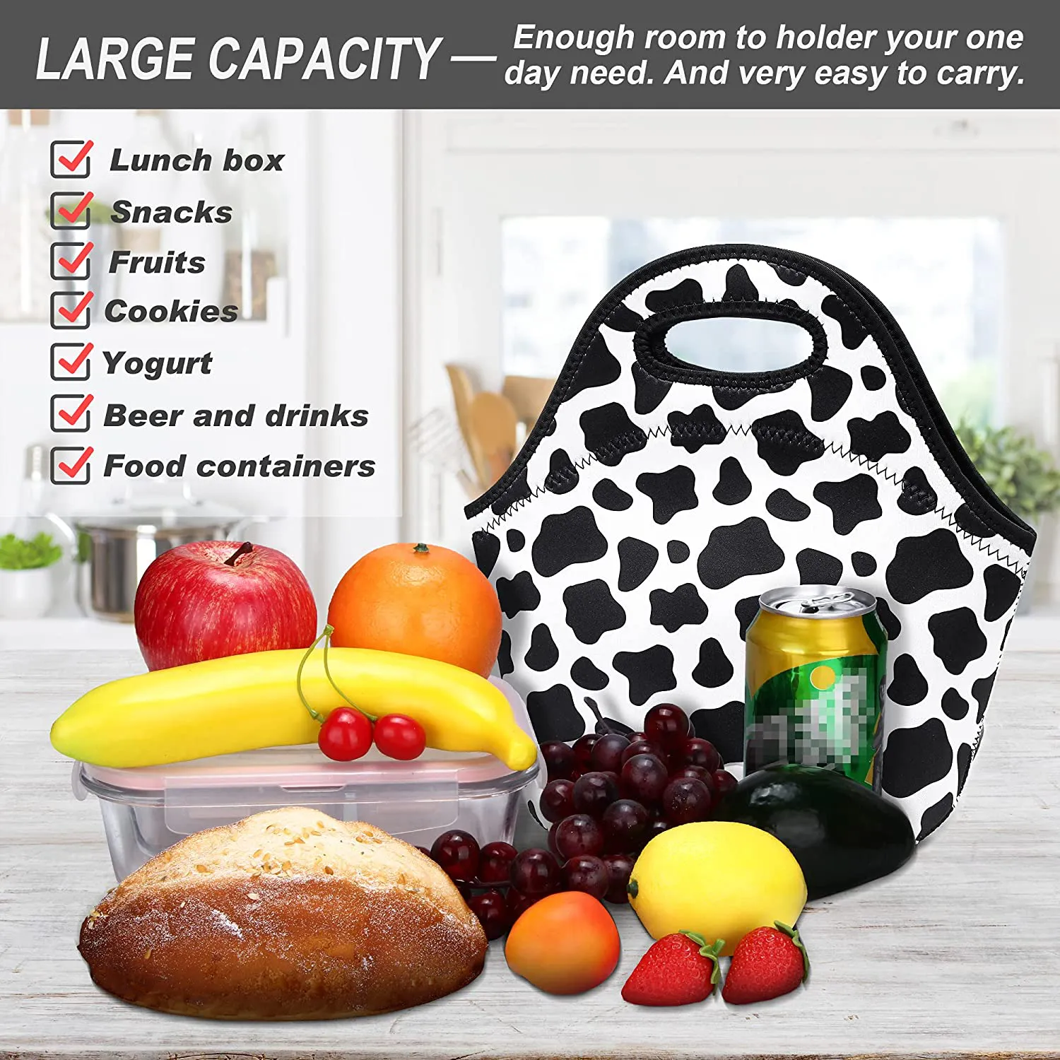 Neoprene Lunch Bags Insulated Lunch Tote Bags for Women Washable lunch container box for work picnic Lightweight Meal Prep Bags for Men Women (Black)