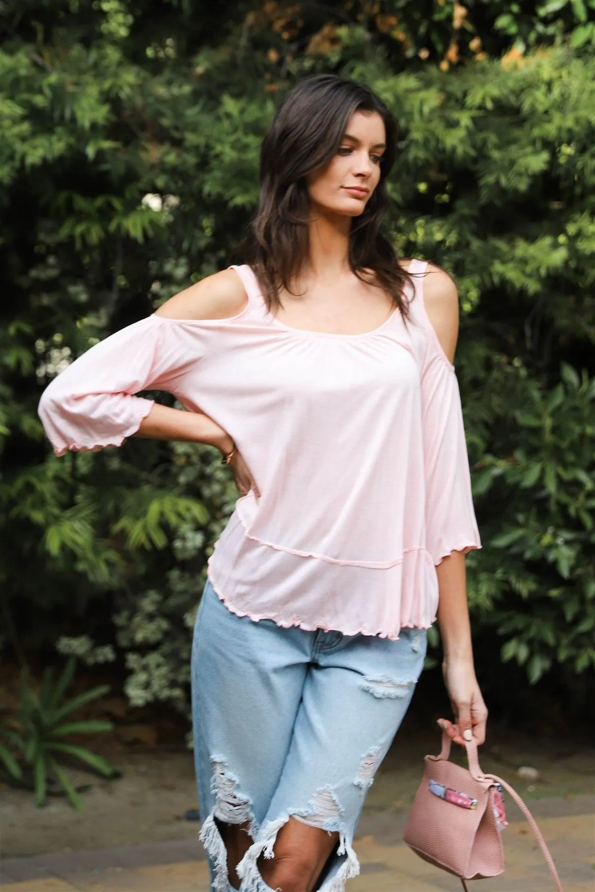 Pink Cold Shoulder Back Self-Tie Detail Midi Sleeve Lettuce Edge Top /3-2