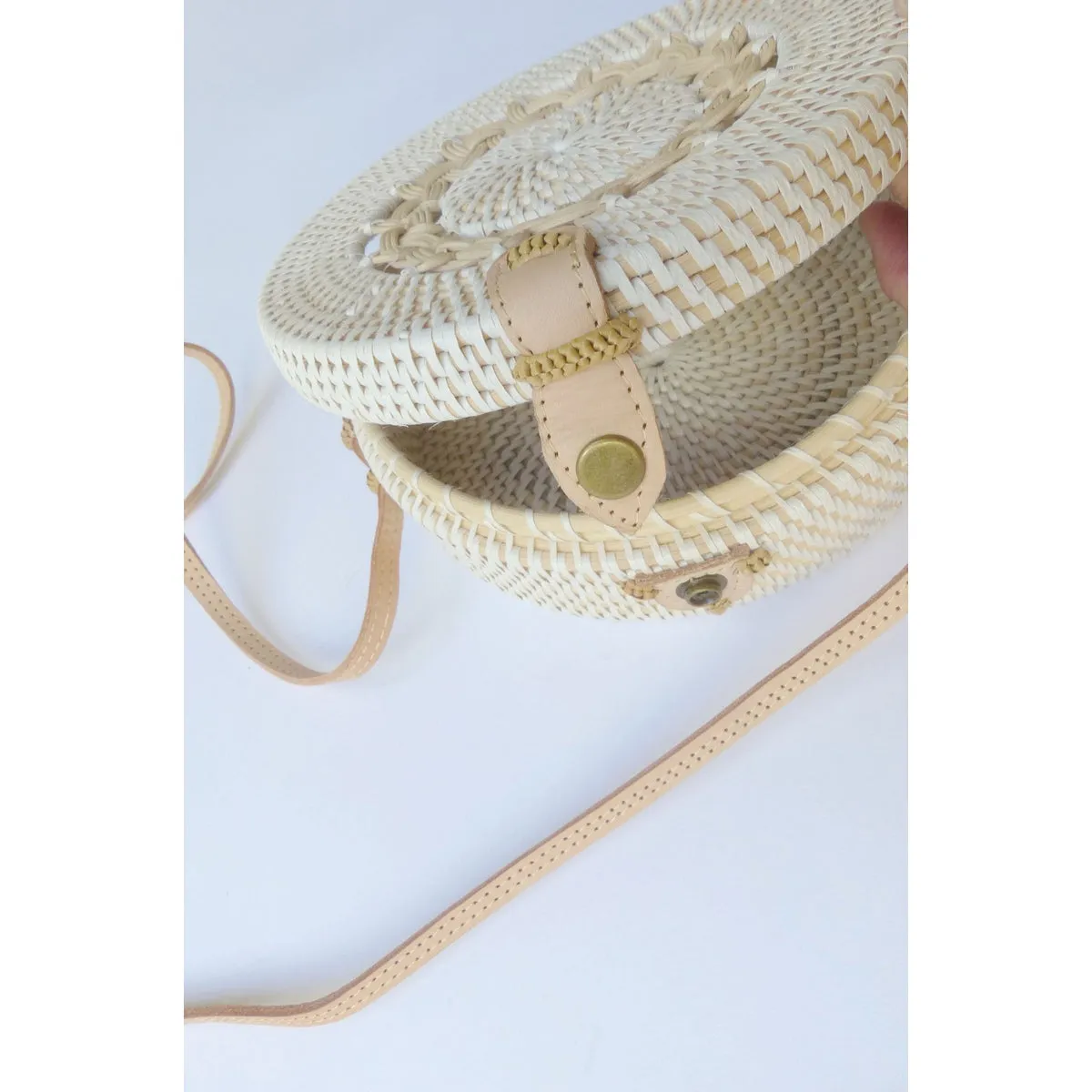 Round Ata Bag - White Braided Wicker Basket Shoulder Bag