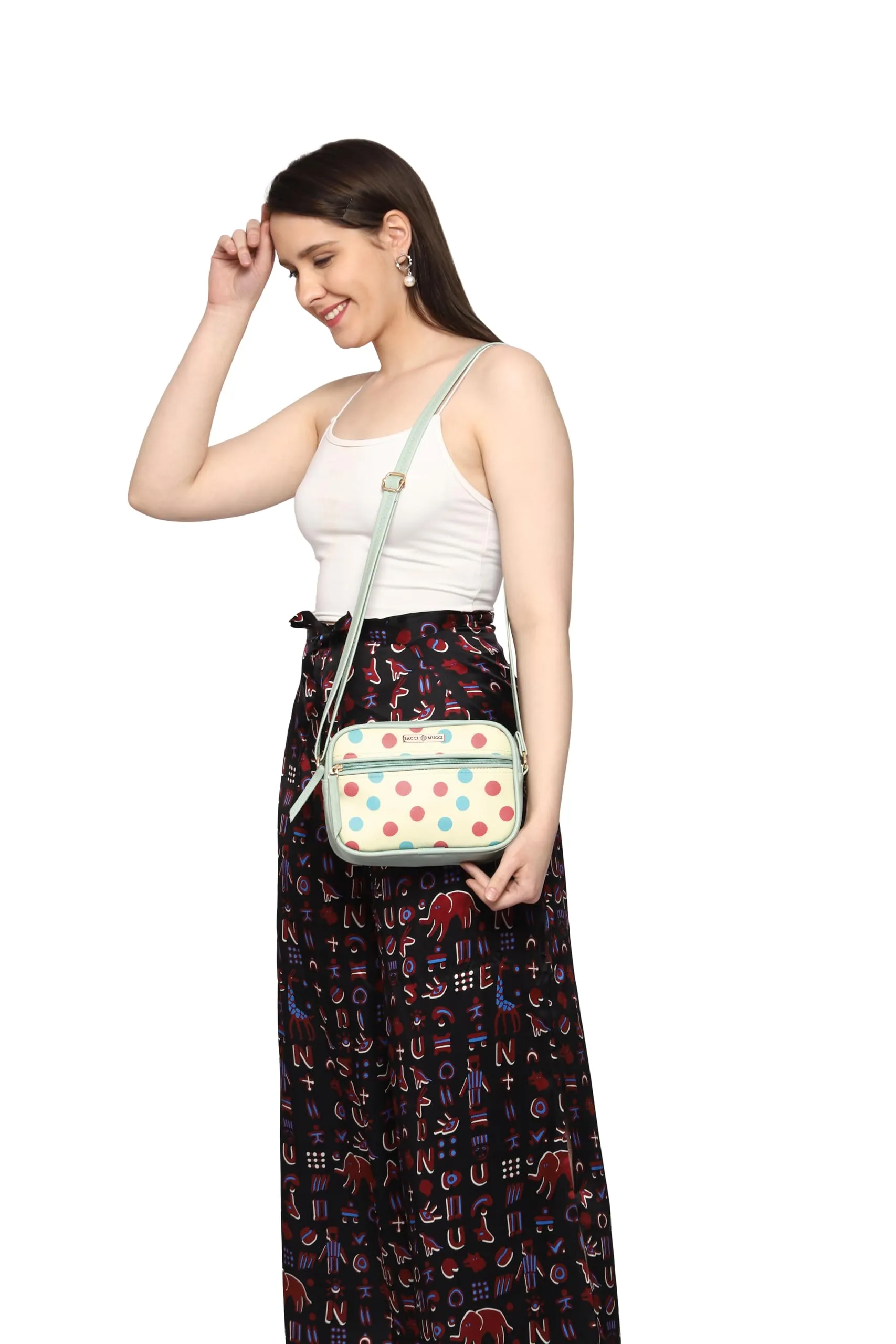 SACCI MUCCI Boxy Shoulder Sling Crossbody Bag for Women, Stylish Sling Bag For Girls, Ladies Purse, Shoulder Bag, Gift for Girls - Cute Polka (Mint Green)