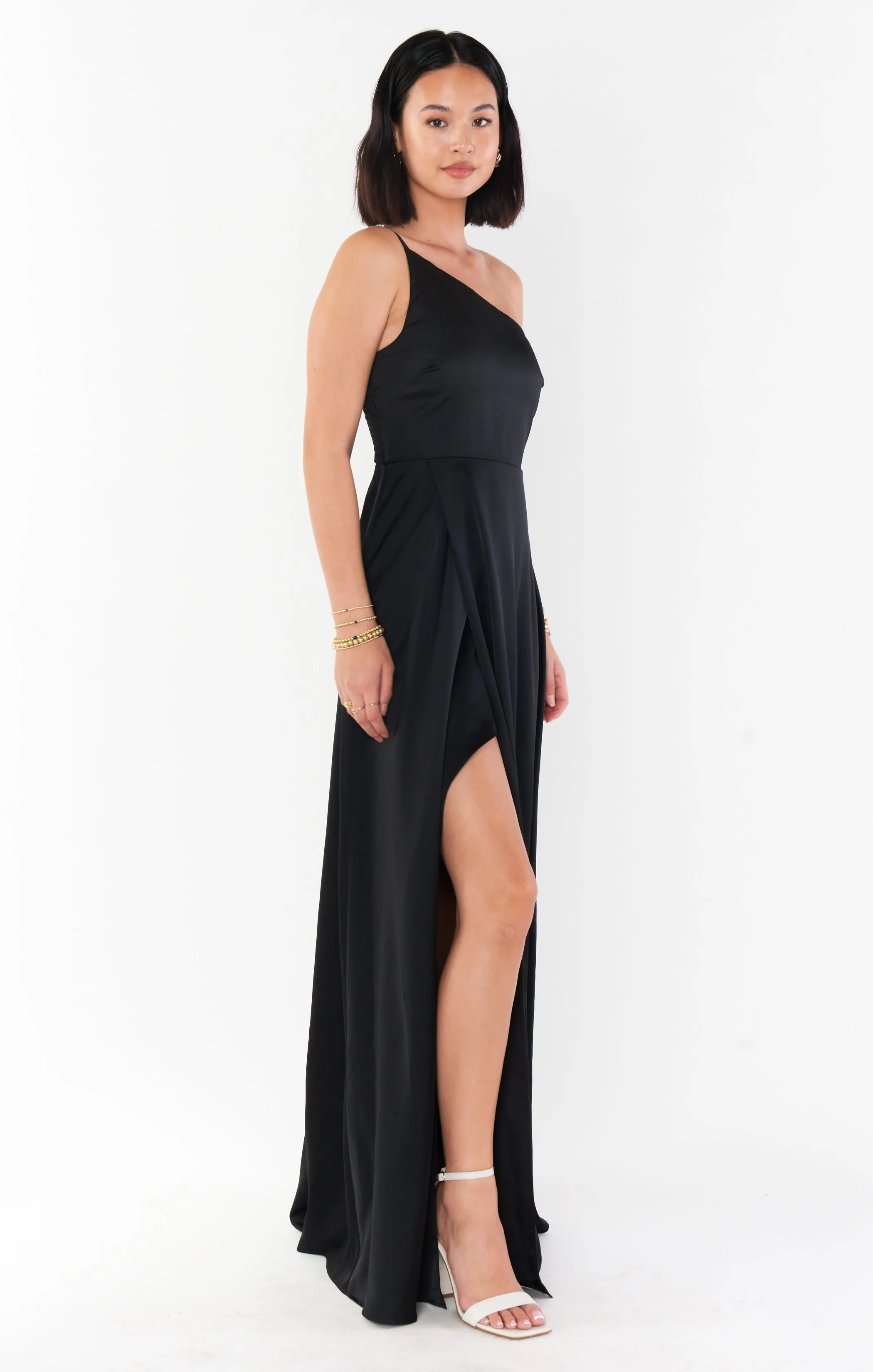 Shannon One Shoulder Dress ~ Black Luxe Satin