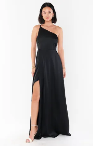 Shannon One Shoulder Dress ~ Black Luxe Satin