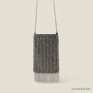 Silver Handmade Diamante Bead Fringe Phone Bag