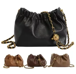 Womens Leather Chain Boho Pleated Trendy Drawstring Small Bag Tote Shoulder Handbag Crossbody Bags