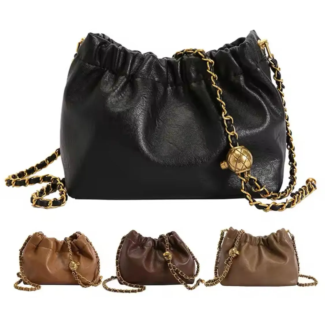 Womens Leather Chain Boho Pleated Trendy Drawstring Small Bag Tote Shoulder Handbag Crossbody Bags